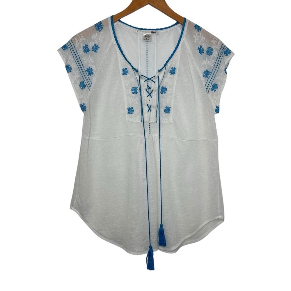 Ellison Womens Embroidered Lace Up Cotton Top Sz Medium White Blue Short Sleeve